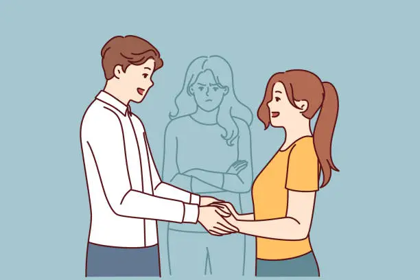 Vector illustration of Jealous woman follows couple in love holding hands, chasing traitor ex-boyfriend
