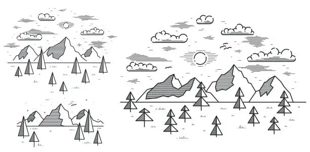 Vector illustration of Mountains range and pine forest linear vector illustration isolated on white, line art drawing of mountain peaks wilderness wanderlust theme, beautiful nature landscape.