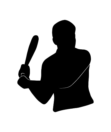 Baseball player person silhouette. Vector simple shadow shape, flat black icon isolated on white backround. Logo emblem design element. Sportive man, playing sport game.
