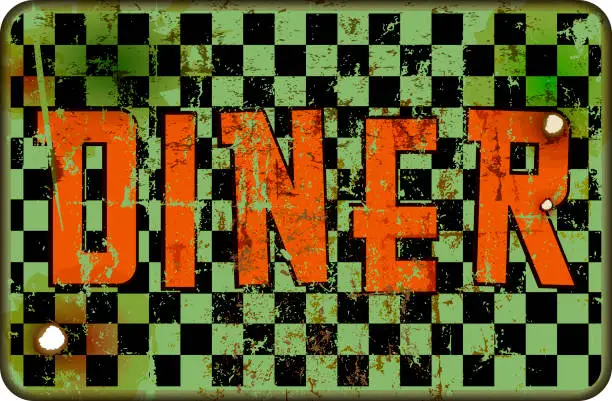 Vector illustration of grungy old retro american diner, fast food vintage sign concept, worn and weathered, vector eps