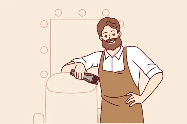 Vector illustration of Bearded man hairdresser works in barbershop and smiles, standing near chair for client and mirror