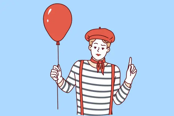 Vector illustration of Mime man holding red balloon and pointing finger up, participating in pageant or circus