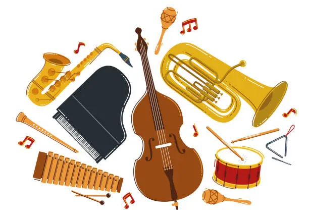 Vector illustration of Classical music instruments composition vector flat style illustration isolated on white, classic orchestra acoustic sound, concert or festival, diversity of musical tools.