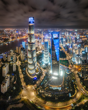 Aerial view from an Helicopter of shanghai financial district Lujiazui Pudong at night