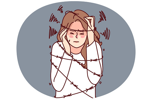 Unhappy woman in tight ropes suffer from mental or psychological problems. Upset stressed girl struggle with overthinking or anxiety limit life. Vector illustration.