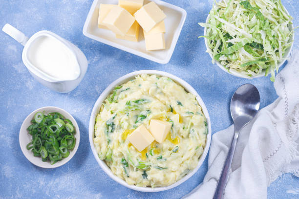 istock Traditional Irish dish Colcannon or mashed potato with green cabbage and butter, horizontal top view 1763175192