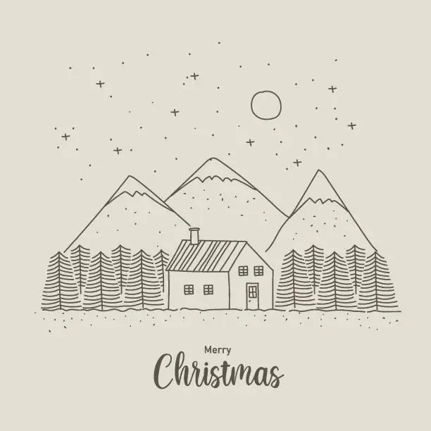 Vector illustration of Cottage in the mountains. Hand drawn vector outline illustration. Scandinavian style