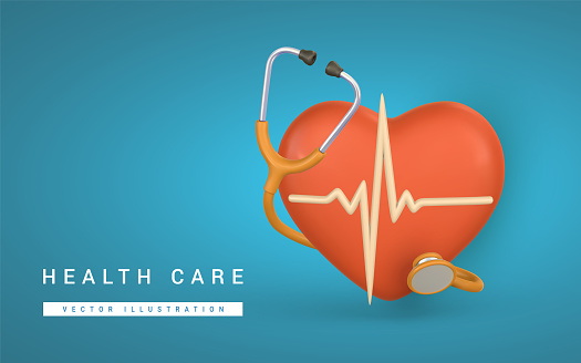 3d realistic medical stethoscope with heart icon in cartoon style. Wellness and online healthcare concept. Vector illustration.