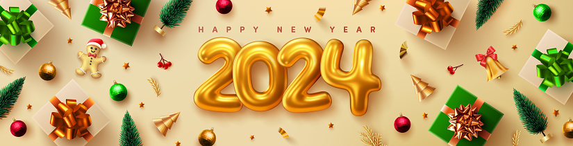 2024 New Year Promotion Poster or banner with gift box and christmas element for Retail,Shopping or Christmas Promotion.New year 2024 with realistic 3d gold metal text.Vector illustration eps 10
