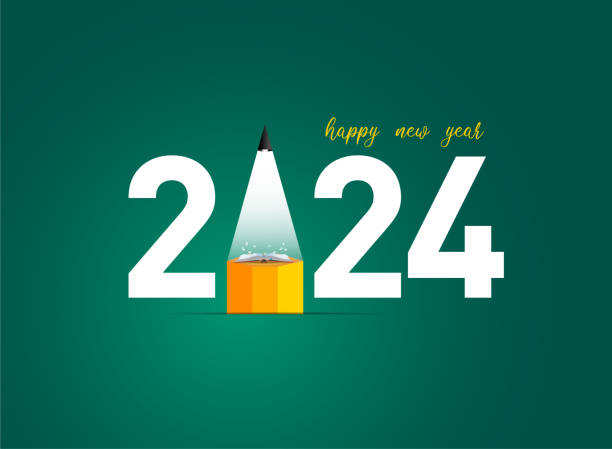 Happy new year 2024 education concept Happy new year 2024 education concept. Vector illustration of open book with alphabet letters and earth. happy teacher day stock illustrations