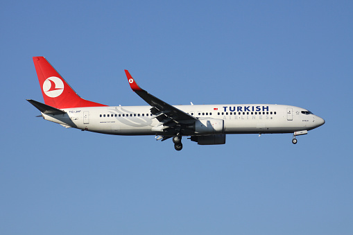 Düsseldorf, Germany - January 13, 2013: Turkish Airlines Boeing 737-800 with registration TC-JHF on short final for runway 05R of Düsseldorf Airport.