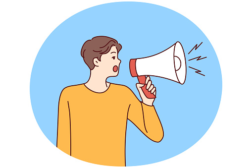 Young man with loudspeaker shouting about deal or promotion. Male hold megaphone make announcement attract attention. Advertising. Vector illustration.