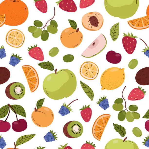 Vector illustration of Seamless vector pattern with fruits and berries, juicy apricot, apple, strawberry, grapes, kiwi fresh natural vitamin