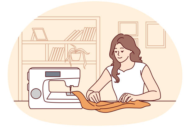 ilustrações de stock, clip art, desenhos animados e ícones de happy woman sewing on machine at home - needle craft sewing making