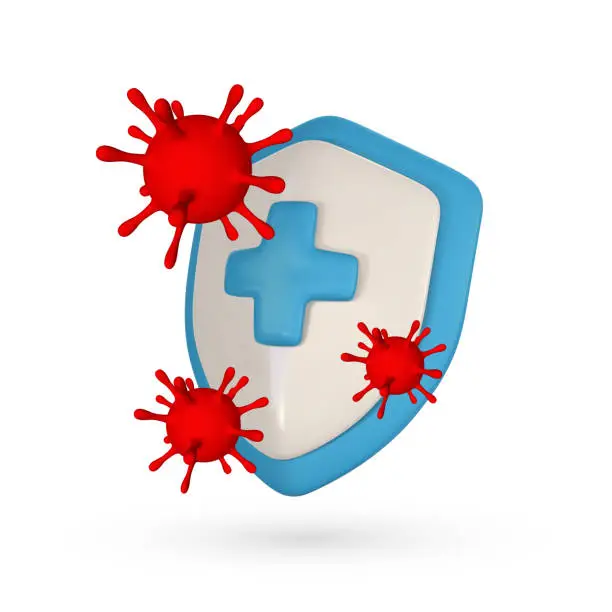 Vector illustration of 3d medical protection shield. Medical protection, insurance symbol. Protection from pandemic outbreak. Immunity concept. Vector illustration