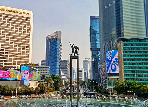 Jakarta, Indonesia - October 19, 2023: Welcome statue or Selamat Datang statue at the Bundaran HI area, Jakarta, Indonesia