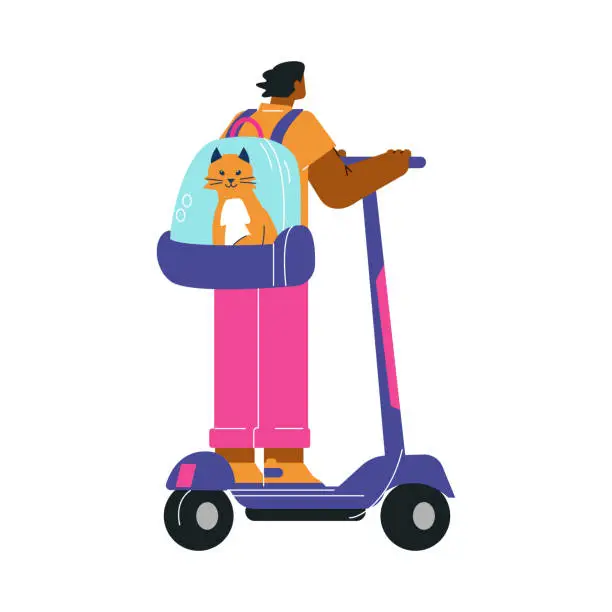 Vector illustration of The person carries with pets cage backpack rides a scooter, vector cat sits in the carrier, traveling with pet