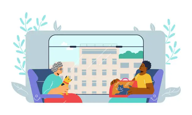 Vector illustration of People traveling with pets on the train, cartoon vector illustration