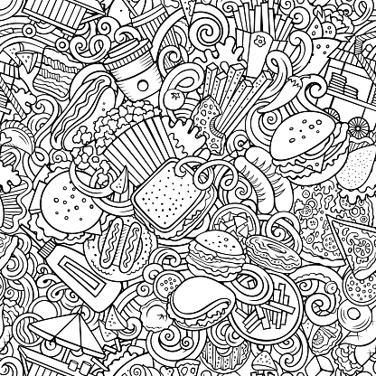 istock Cartoon doodles Fastfood seamless pattern 1763236979