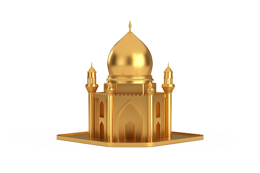 Golden Islamic Mosque and Minaret Building Model Icon on a white background. 3d Rendering