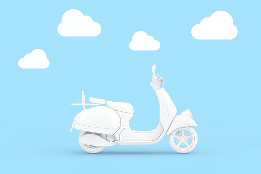 White Classic Vintage Retro or Electric Scooter in Clay Style on a blue clouds sky background. 3d Rendering