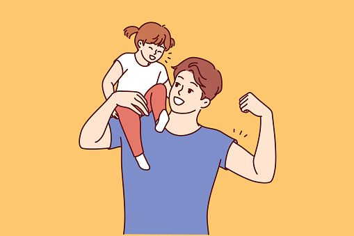 Strong man father holds daughter on shoulder and shows biceps to instill in child confidence in security. Little girl climbed on top of father and laughed, enjoying time spent with dad.