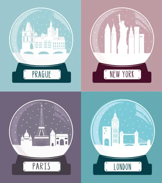 Vector illustration of Set of christmas glass balls with famous cities