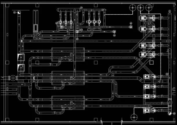 Vector illustration of Mechanical room plumbing black background
