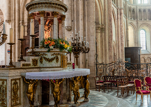 Noyon, France, october 22, 2023 : altar and choir of Cathedral of Our Lady Virgin Mary