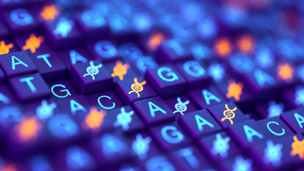 Digital screen with DNA strands and sequencing ATGC data background. Double helix structure. Nucleic acid sequence. Genetic research. 3d illustration.