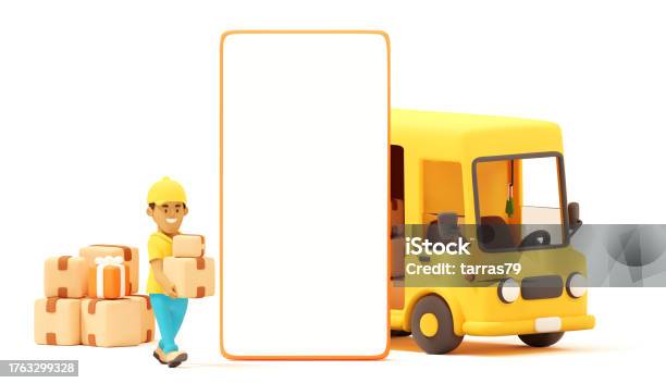 Van Loading Vector Vector Courier Loading Van And Smartphone Screen Stock Illustration ...