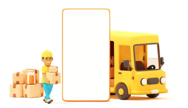 Vector illustration of Vector Courier Loading Van and smartphone screen