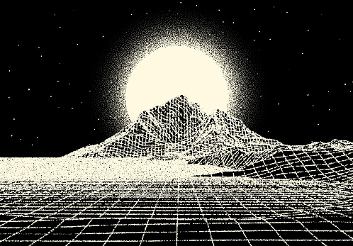 Retro dotwork landscape with 80s styled sun, grid mountains and stars background from old sci-fi book or poster