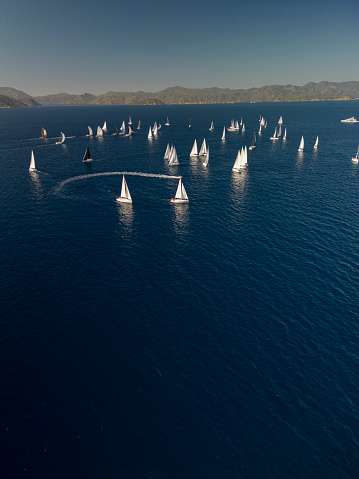 many sailing yachts with white, black and colored sails at a regatta in the blue sea from a high angle