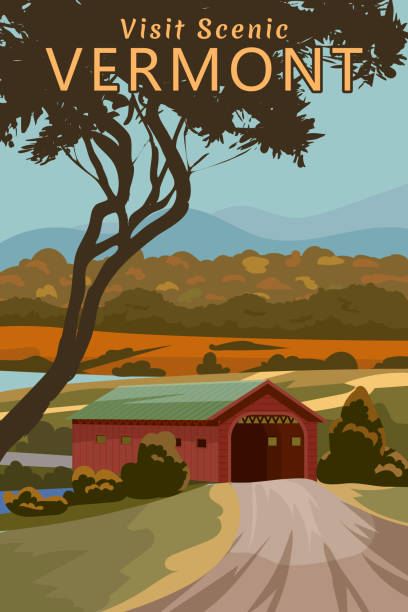 Travel Poster Vermont USA, autumn rural landscape, covered bridge. Fall season countryside, vector illustration, postcard