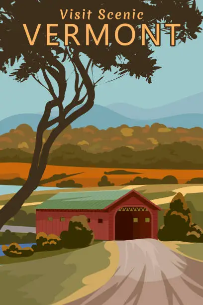 Vector illustration of Travel Poster Vermont USA, autumn rural landscape