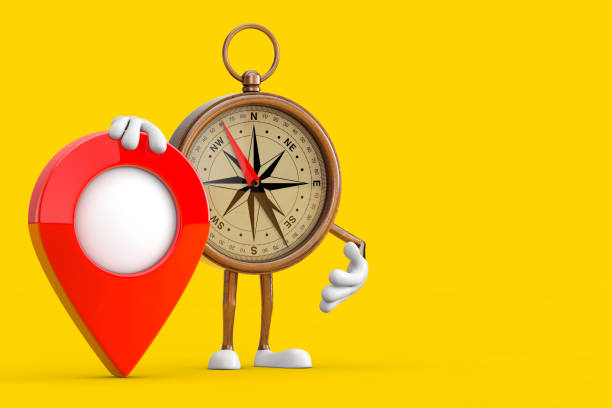 istock Antique Vintage Brass Compass Cartoon Person Character Mascot with Red Target Map Pointer Pin. 3d Rendering 1763322804