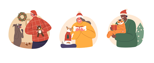 Characters Joyfully Bestow Christmas Gifts Upon Their Beloved Pets, Showering Them With Treats, Toys, And Love, Making Them Feel Cherished And Included In The Holiday Festivities. Vector Illustration