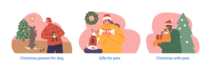 Isolated Elements with Characters Joyfully Bestow Christmas Gifts Upon Their Beloved Pets, Celebrating The Holiday Spirit And Showing Love To Their Furry Companions. Cartoon People Vector Illustration