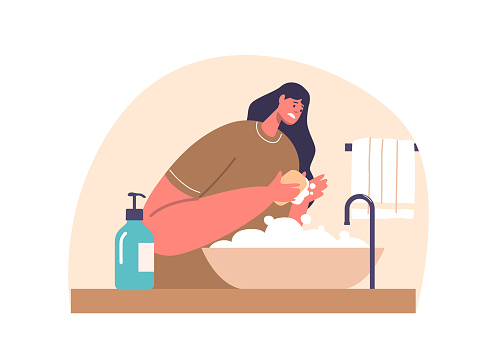 Woman with Obsessive-compulsive Disorder, Ritualistically Washing Hands, Driven By Relentless Fear. Female Character Illustrate The Inner Struggle Of Managing Ocd. Cartoon People Vector Illustration