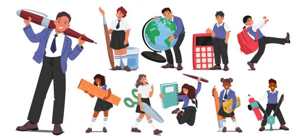 Vector illustration of Schoolkids Lugging Oversized Stationery, Giant Pencils And Colossal Erasers, Backpack, Globe, Calculator and Pen