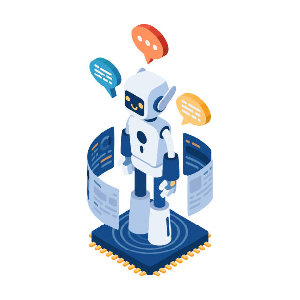 isometric ai chatbot or robot on computer chip - chat gpt stock illustrations