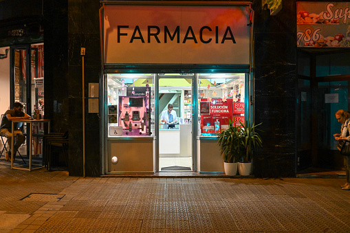 Bilbao, Spain, October 17, 2023 - San Mamés Pharmacy in Sabino Arana Etorbidea in Bilbao, Basque Country, Spain.