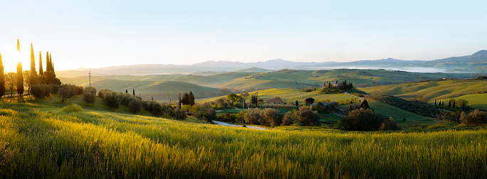 Panorama of landscape with sunrise in Tuscany, Italy