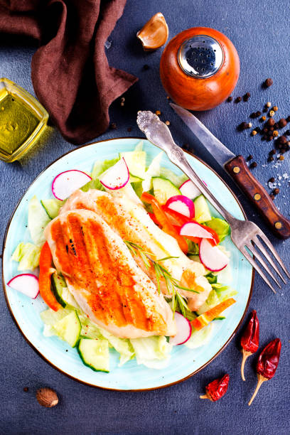 istock Marinated grilled healthy chicken breasts cooked on a summer BBQ and served with fresh herbs on plate 1763326881