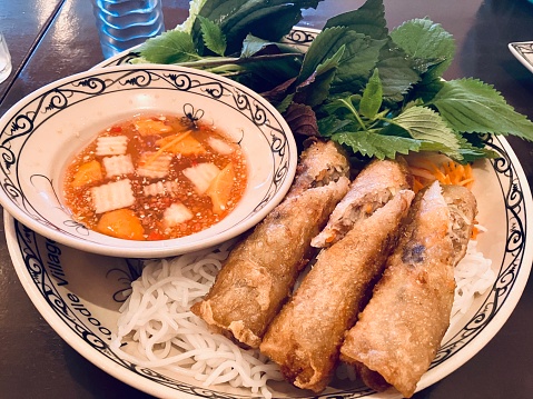 Vietnamese spring rolls with vermicelli and herbs