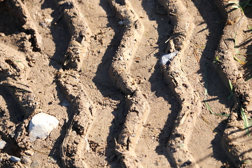 Closeup of a tractor tire imprint in the dirt