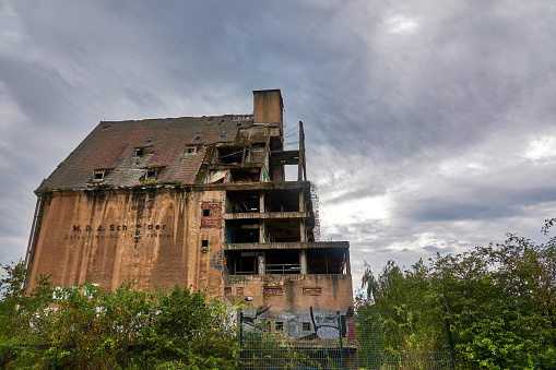 Leipzig, Germany - September 29th - 2023: Ruin of former silo and grain storage.