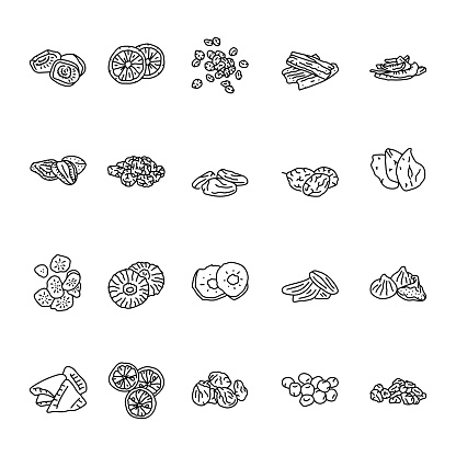 Dried fruits black line icons set. Pictograms for web page, mobile app, promo.