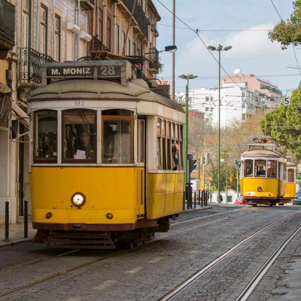 istock 3 Classic traditional yellow trolley trams 28 in Lisbon 1763347169